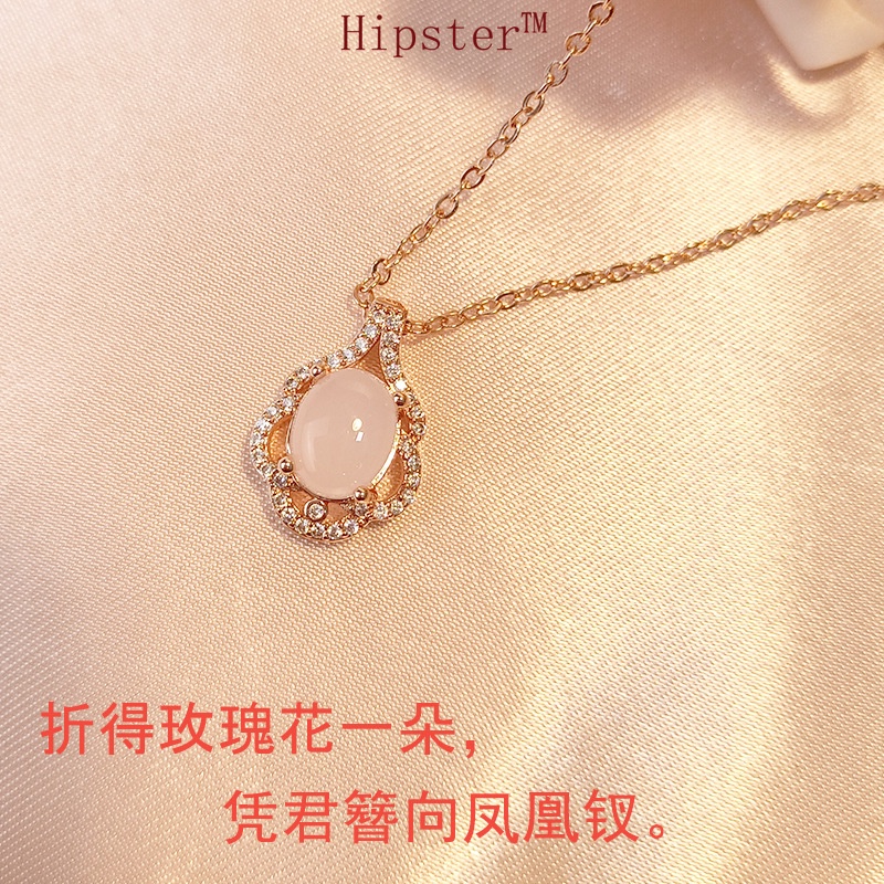 Hot Fashion Elegant Oval Pattern White Jade Pendant Rose Gold Necklace