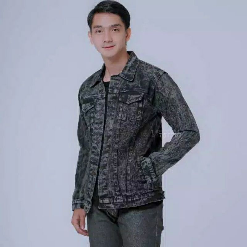 JAKET JEANS PRIA WANITA UNISEX MOTIF SANDWASH BLACK BAHAN JEANS