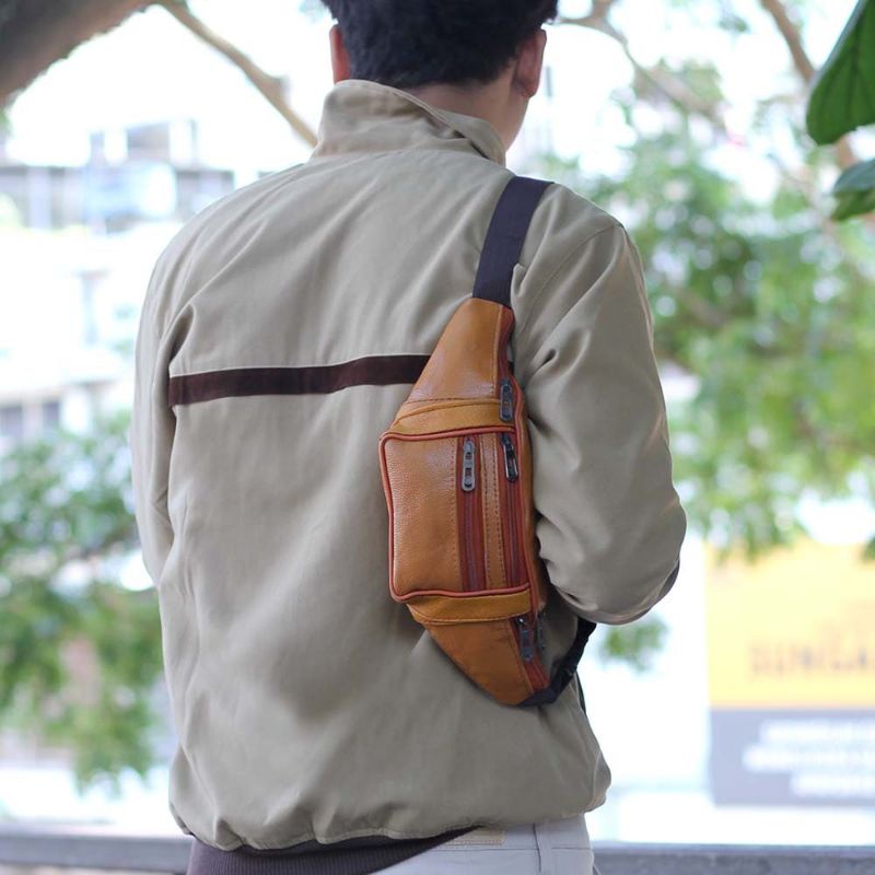Tas Selempang Kulit Terbaru Pria Coklat | Waistbag Tas Bahan Viena Premium | Salempang Slingbag