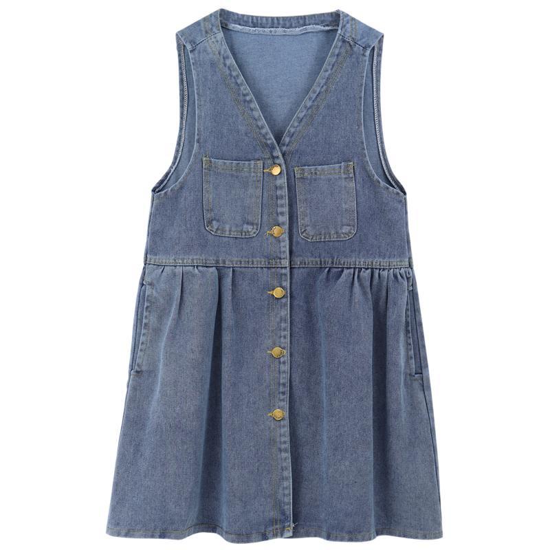 Denim Brace Gaun Wanita Desain Cocok Segala Musim A-line Rok Pelangsing Kecil Tanpa Lengan Rok Rompi Rok Pendek