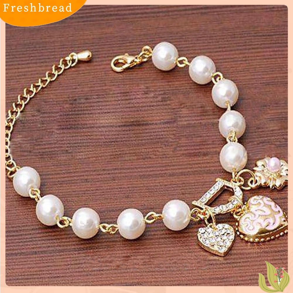 【Fresh】Fashion Faux Pearl Rhinestone Love Heart Pendant Bracelet Jewelry Party Gift