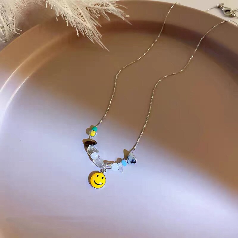 Kalung Rantai Klavikula Hias Batu Smiley Warna-Warni Gaya Retro Korea