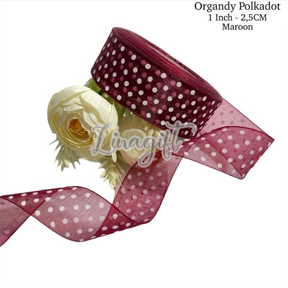 ( Rol 20 Yard ) PITA ORGANDI POLKADOT 0.5IN ( 1.25CM ) / 1IN ( 2.5 CM ) - ORGANDY DOT 1INCH / 1/2IN ORGANZA ONDE / HIASAN KADO / PARCEL HIASAN DEKOR DEKORASI RUANG FLORIST BUKET KARANG