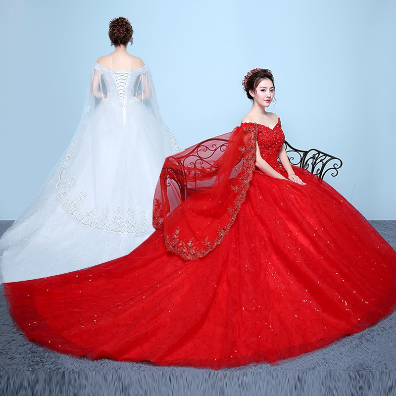 Import Wedding Dress Women Fashion Off Shoulder White and Red Long Tail Bridal Wedding Gown Dress