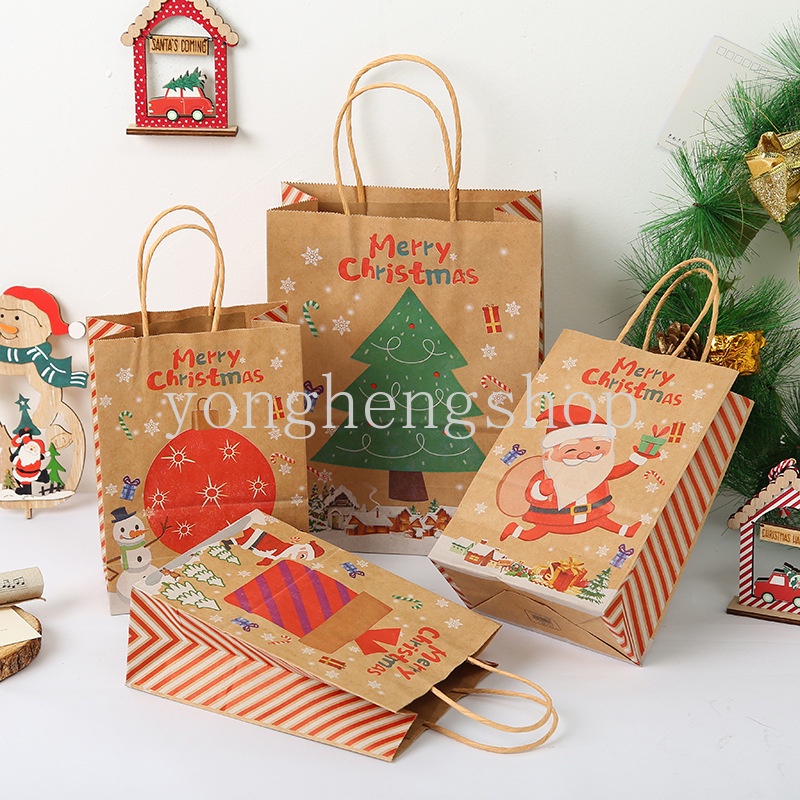 Tas Kertas Kraft Portable Motif Santa Claus Untuk Kemasan Hadiah Natal