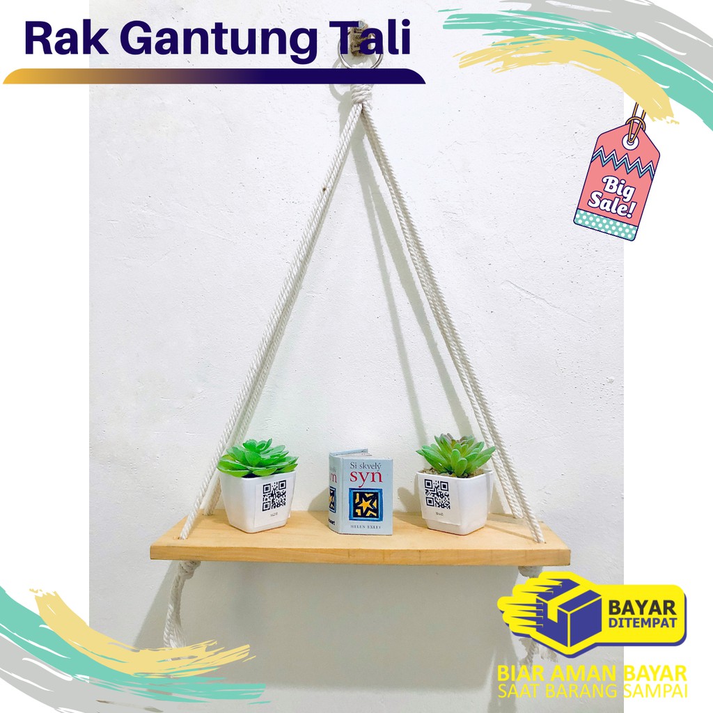 Rak Dinding Gantung Kayu Tali Macrame Unik Ukuran Sedang
