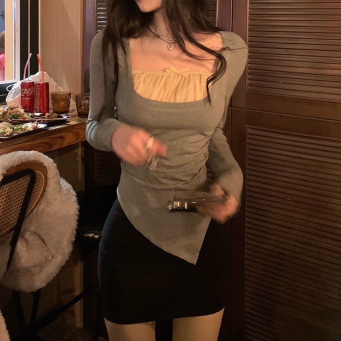 [✅BISA COD] #Sisjuly# Kemeja lipit penutup daging chiffon bow stitching T-shirt hem slit top women