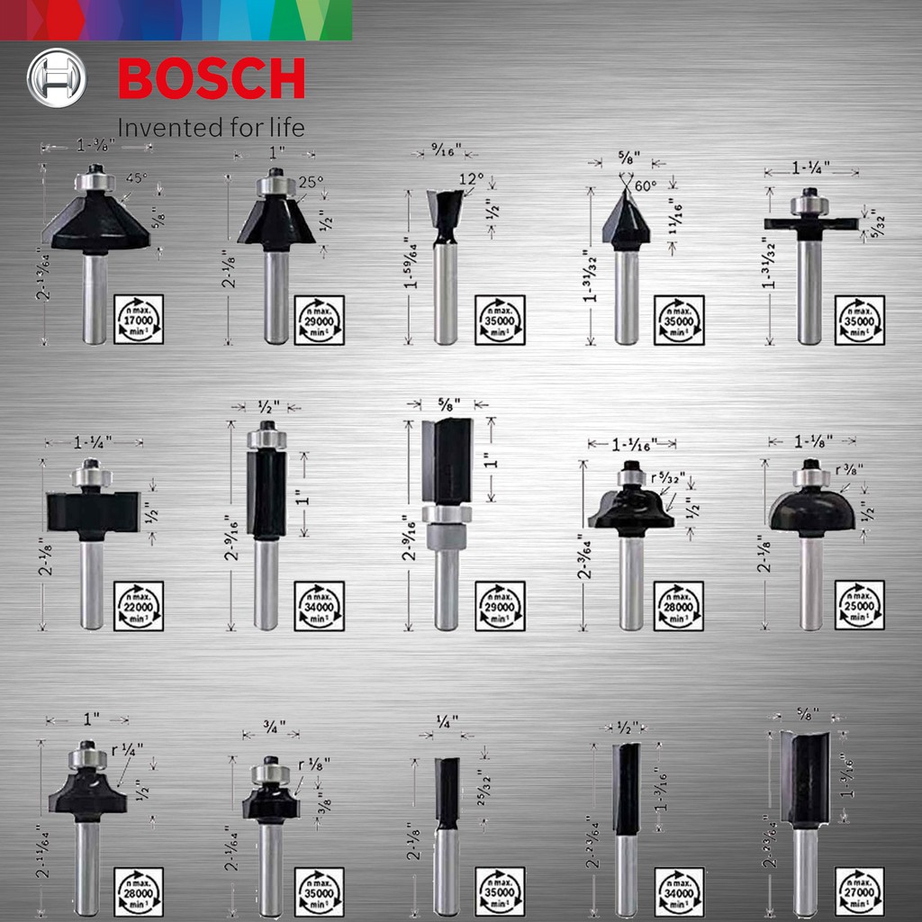 BOSCH Mata Router Set 15pcs dengan 1/4&quot; Shank 017473