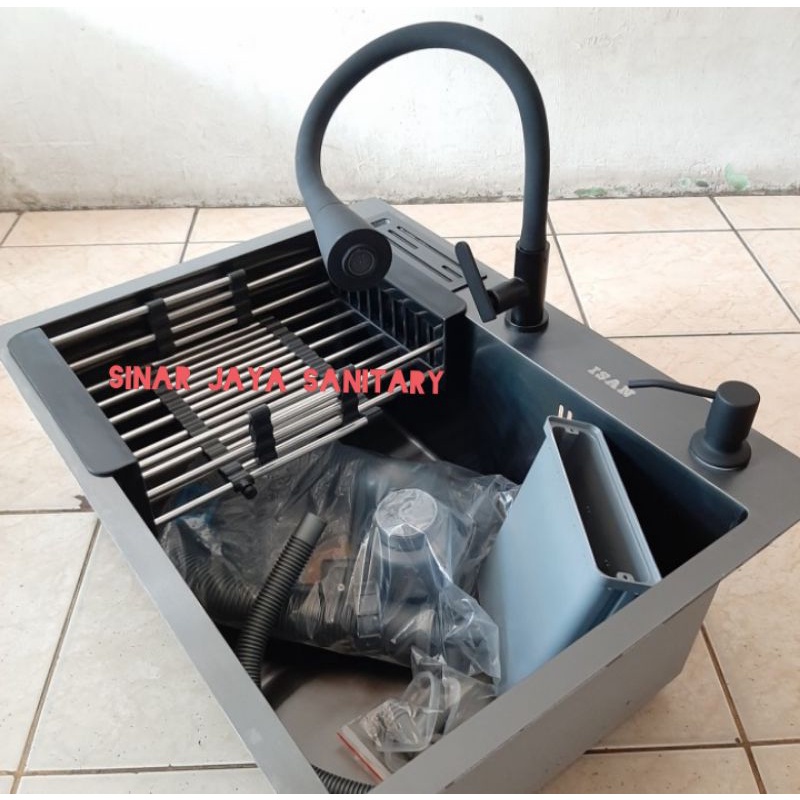 Paket komplit kitchen sink hitam 6045 / Paket komplit sink 6045 kran flexible hitam