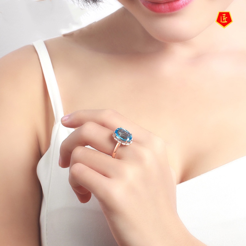 [Ready Stock]Simple Elegant Colored Gems Blue Topaz Ring