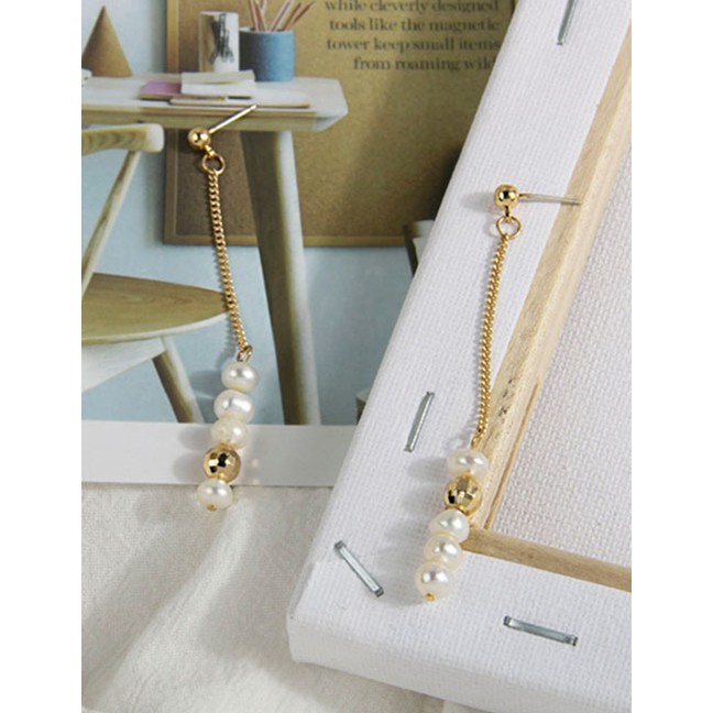 LRC Anting Tusuk Fashion Golden Pearl Alloy Round Bead Chain Earrings K25086