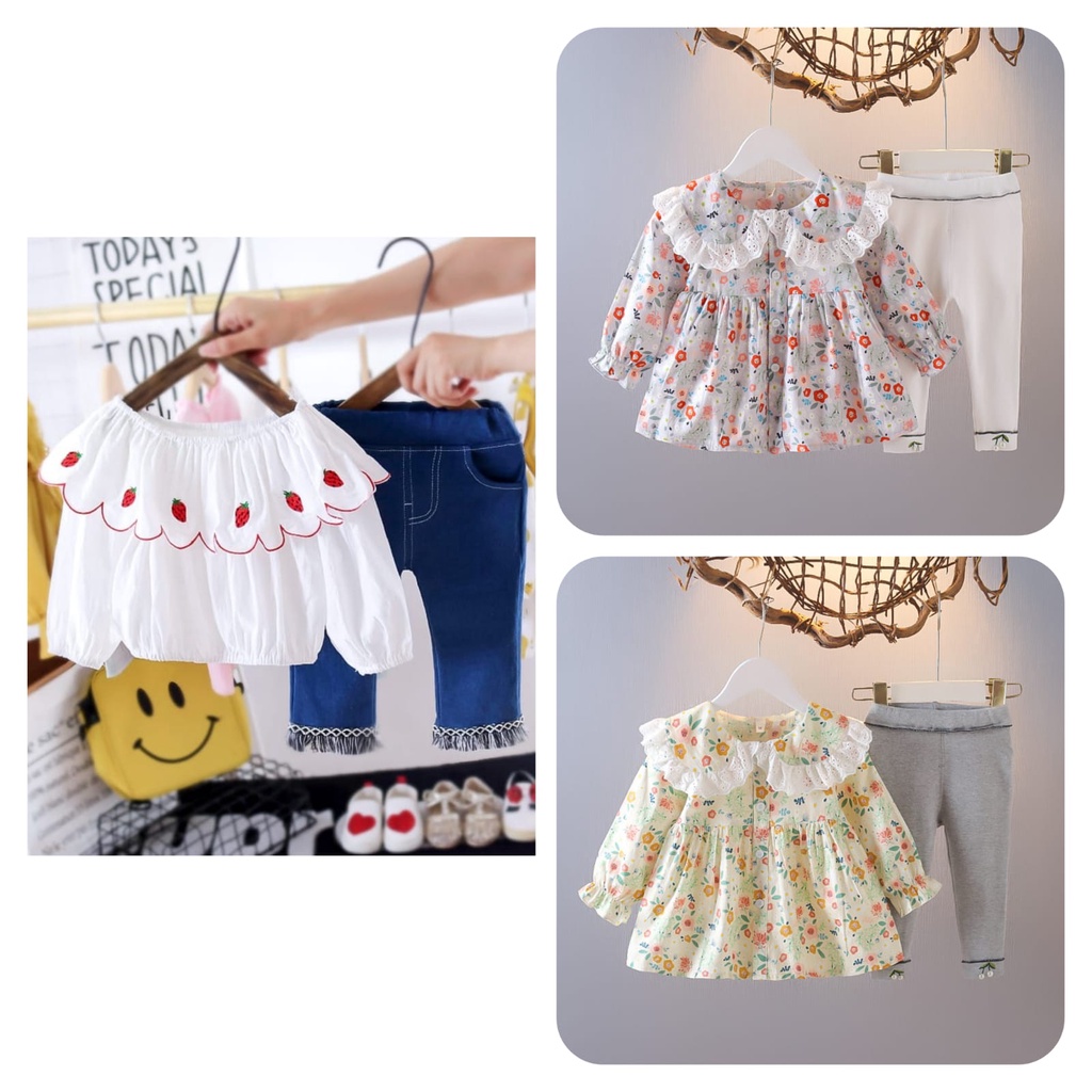BAJU SETELAN ANAK PEREMPUAN JEANS SABRINA/ BAJU SETELAN ANAK CEWEK MODEL CELANA LEGGING DAN BAJU BUNGA
