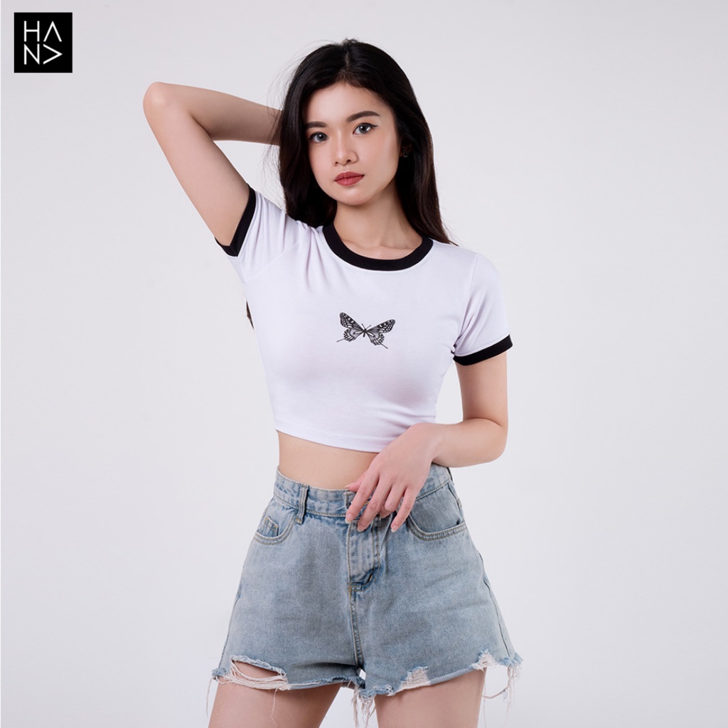 HanaFashion JKT - Butterfly Crop Top Kaos Lengan Pendek Wanita - CT061