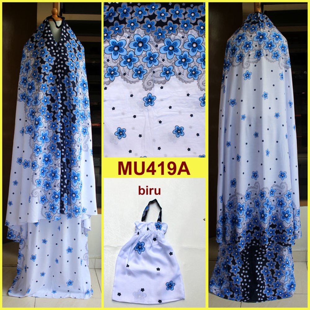 Dijual Mukena Bali Dasar Putih Motif Bunga Sakura Semi Jumbo   MU419A Biru Berkualitas