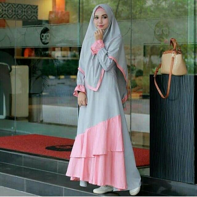 Gamis Syar'i Abu abu komb Pink