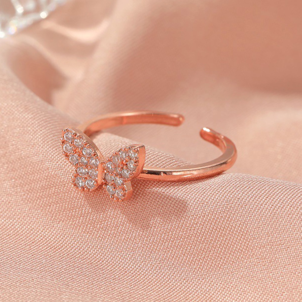 Hu Hu Hu Hu Hu Alat Bantu Pasang Kacamata♡ Cincin Model Terbuka Adjustable Desain Kupu-Kupu Aksen Berlian Imitasi Untuk Wanita