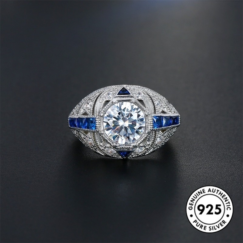 Cincin Berlian Biru Bahan S925 Silver Gaya Elegan