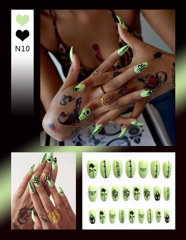 We Flower 24pcs / Set Kuku Palsu Motif Kulit Ular Hitam Api + Lem Untuk Nail Art / Manicure Diy