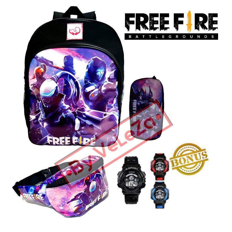 Tas anak ransel karakter game free firee gratis waistbag topi jam tangan tempat pinsil - tas anak