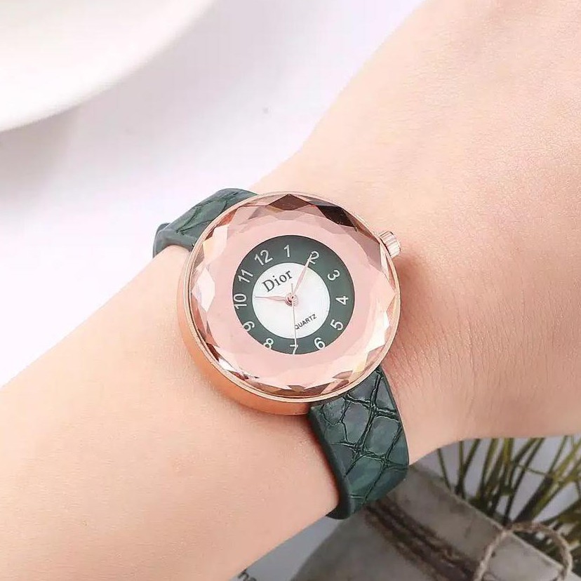 Jam tangan wanita kulit DIOR KRISTAL tali kulit motif