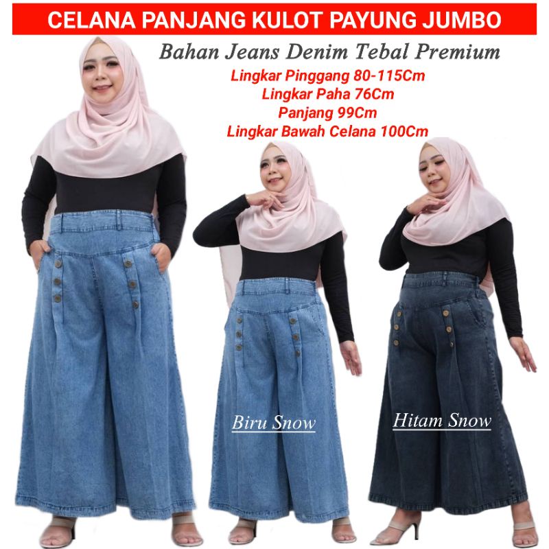 Celana Kulot Jeans Denim Payung Panjang Wanita Jumbo Pinggang Karet Elastis Clana Kulot Mayung Bigsi