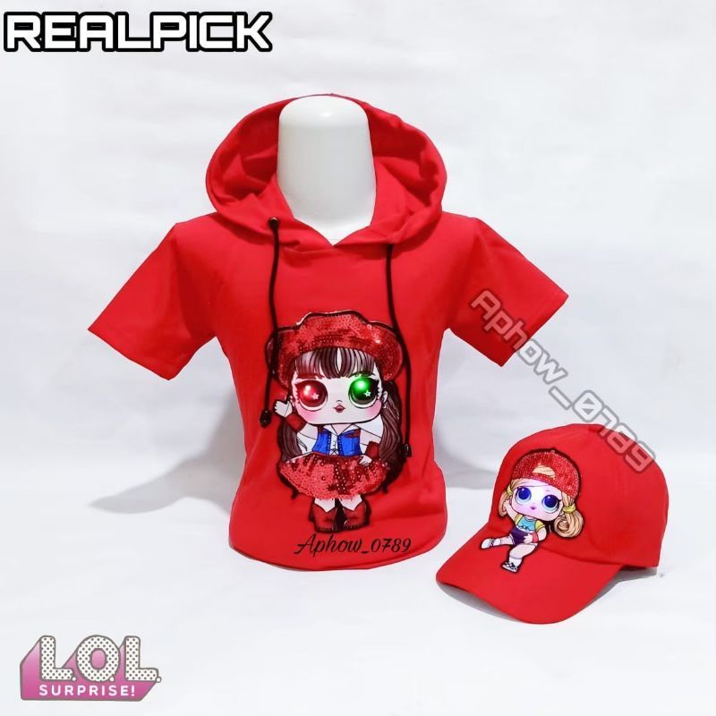 Paket 2in1 Kaos Hoodie anak Perempuan LED LOL Free Topi Led uk 2-10thn