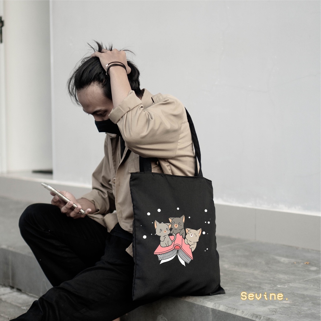 Sevine Totebag Tas Wanita Tote Bag Resleting Cute Cat Black Series - CSL1