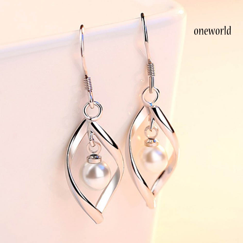 OW# Elegant Women Faux Pearl Rotating Dangle Hook Earrings Wedding Jewelry Gift