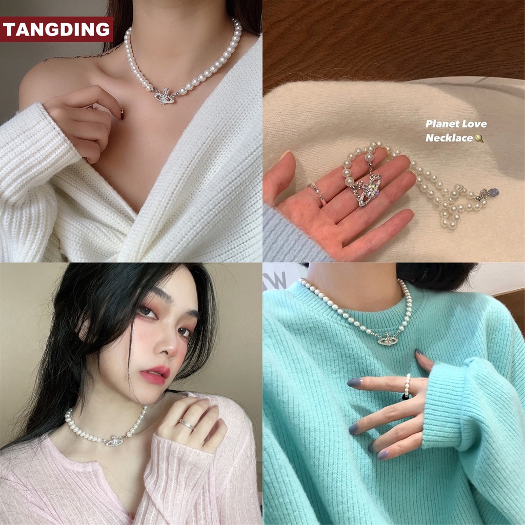 Kalung Choker Rantai Pendek Hias Mutiara Planet Gaya Retro Untuk Wanita