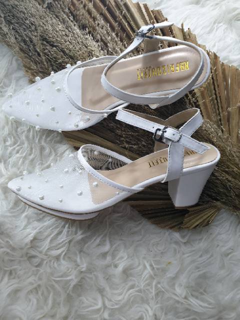 ready stok ya Sepatu high hills wanita mutiara jaring white sepatu cantik purri