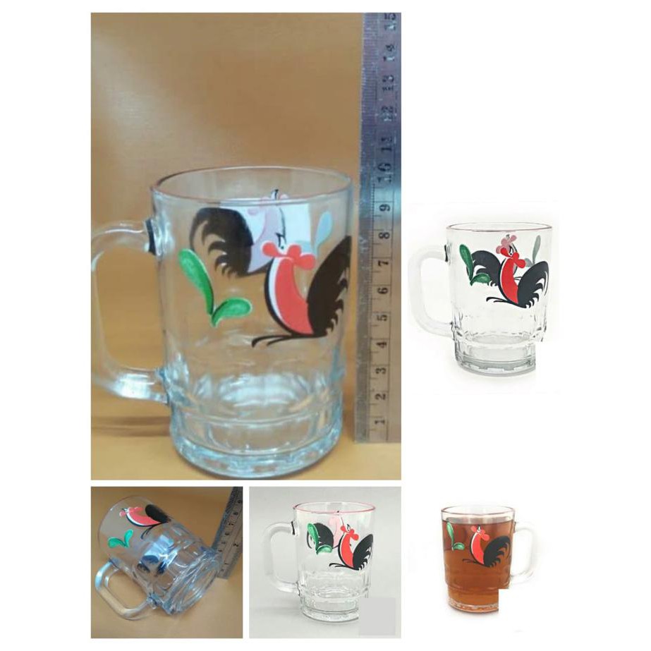 Gelas Motif Ayam Jago / Mug Bir Kecil Kaca Motif Ayam
