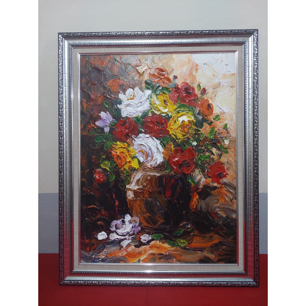 lukisan kanvas bunga cat minyak tebal dgn frame 80x60 cm RD ed