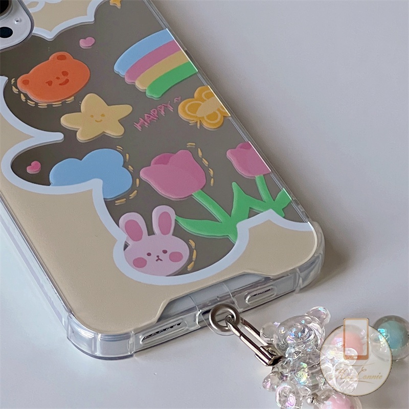 Casing Soft Case Motif Beruang 3D + Cermin Makeup + Gelang Mutiara Untuk iPhone 7 8 14 Plus 11 12 13 14 Pro Max XR X XS Max