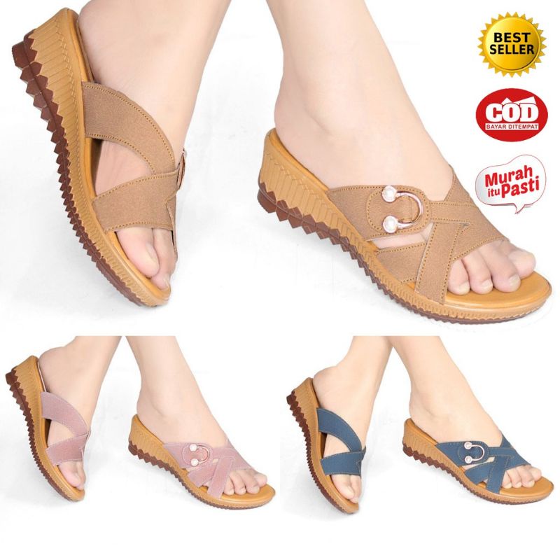 Sandal Sendal Wedges Wanita Casual Selop / Slop Murah Terbaru 2023 HD17