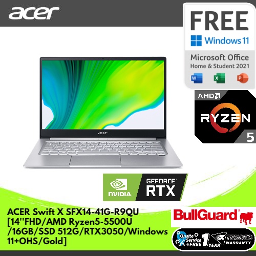 ACER Swift X SFX14-41G-R9QU [14''FHD/AMD Ryzen5-5500U/16GB/SSD 512G/RTX3050/Windows 11+OHS/Gold] NX.AZ6SN.003