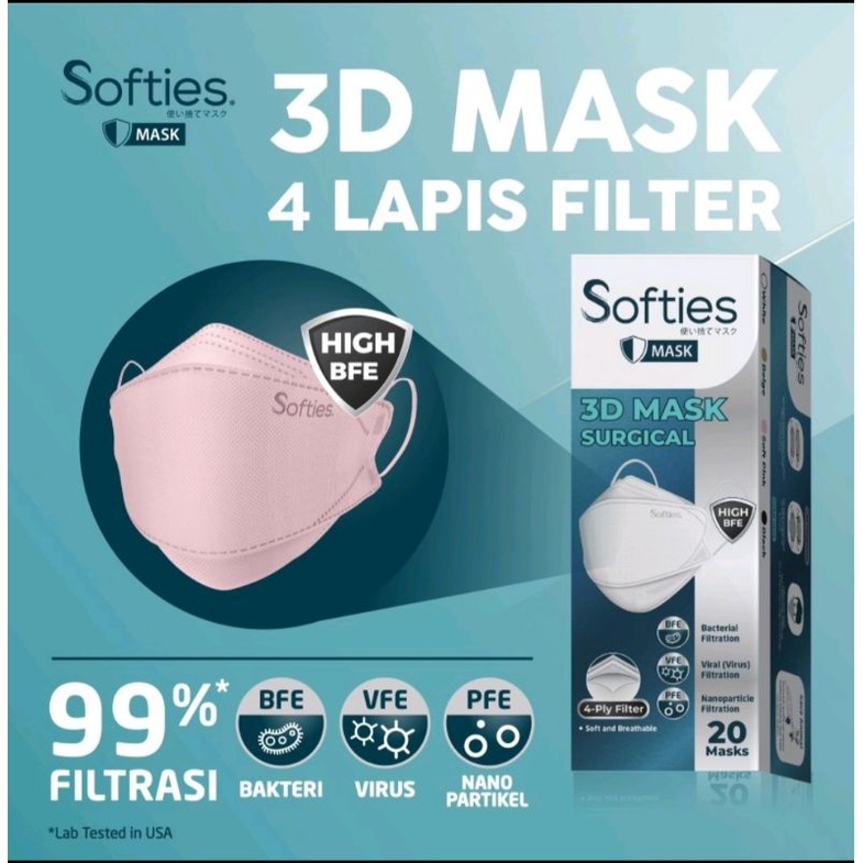 Softies Masker Surgical 3D 4 ply 1 box isi 20 pink,putih,hitam