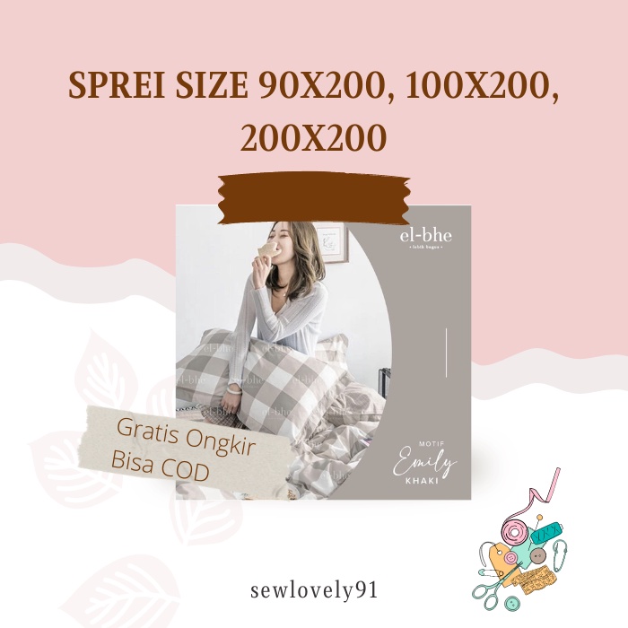 Sprei Set Bahan Katun El-Bhe Motif Emily Khaki Kotak 8cm Size Single Tanpa Bedcover