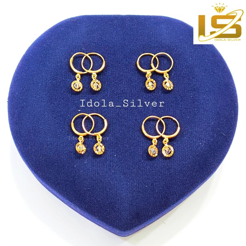 ANTING ANAK PERAK ASLI SILVER WANITA 925 LAPIS EMAS MODEL GIPSI POLOS GANTUNGAN BULAT 1 PERMATA - PE