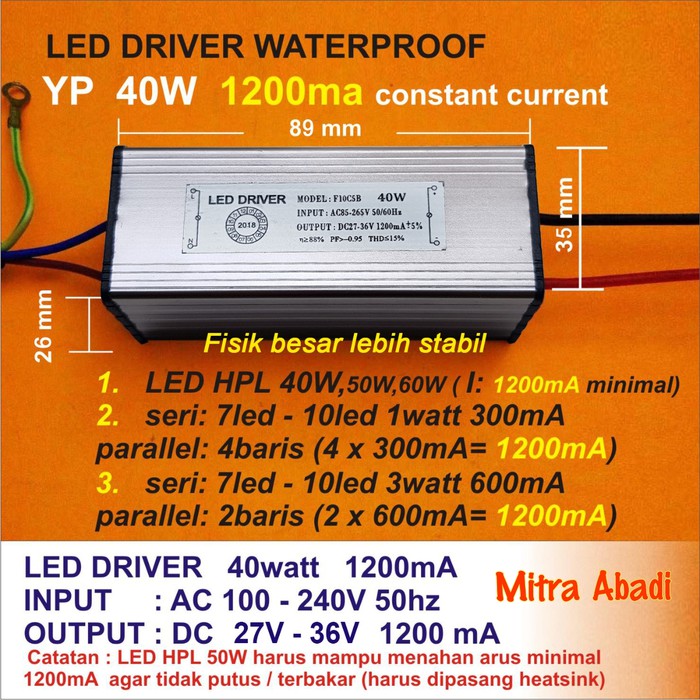 LED DRIVER 50 WATT 1200 MA CASING BESI WATERPROOFELKT_870