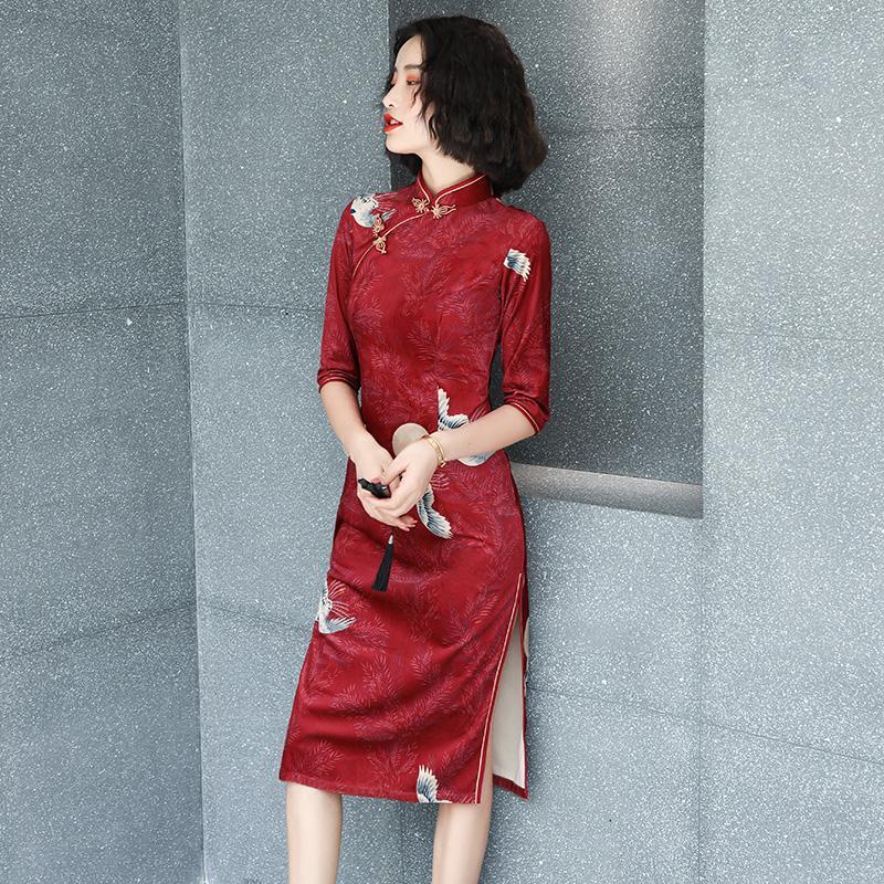 Etched cheongsam young style spring and summer long sleeved girl modified Chinese style velvet dress