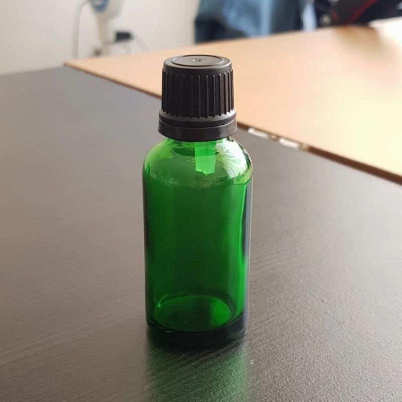 botol kaca 30ml tebal hijau tutup filler hitam