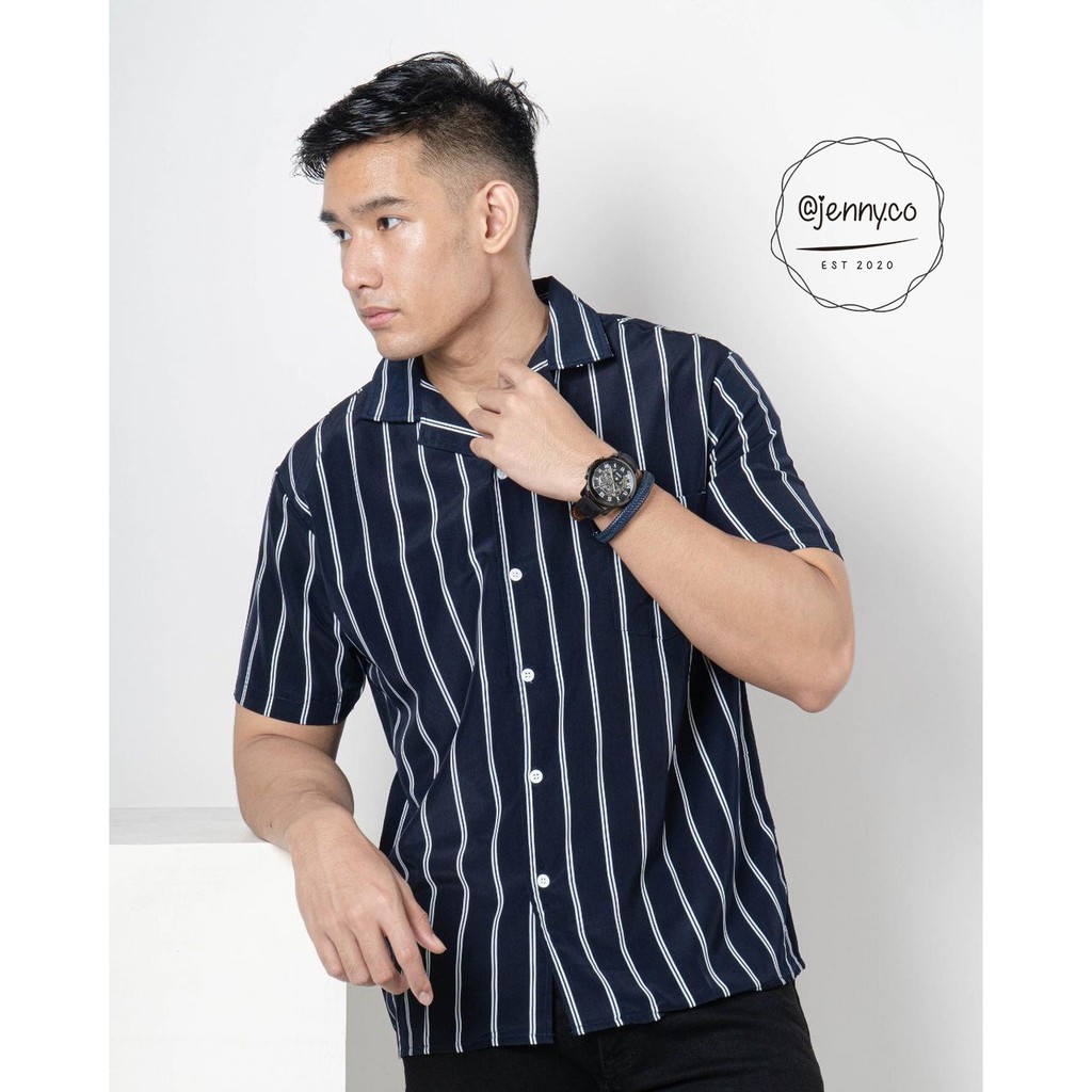 Ribsgold Kemeja Channel Strip Vertical / Kemeja Lengan Pendek Pria Strip Salur Belang Garis / COD