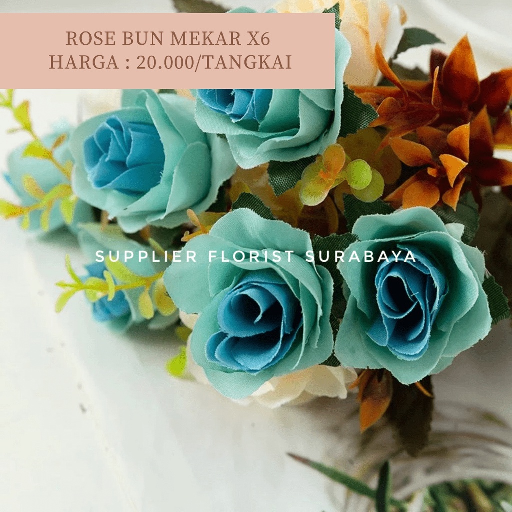 ROSE BUN MEKAR 1 TANGKAI CABANG 6 @2KEPALA, TOTAL 12 KEPALA BUNGA PALSU ARTIFICIAL FLOWER BUNGA MAINAN DIY FLORIST