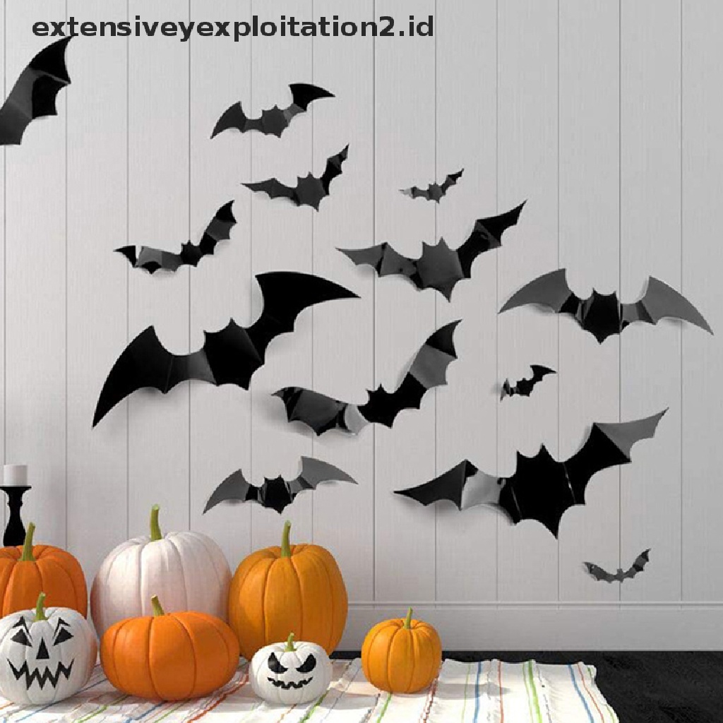 12pcs Stiker Kelelawar Hitam Pvc Pesta Halloween 3d Dinding