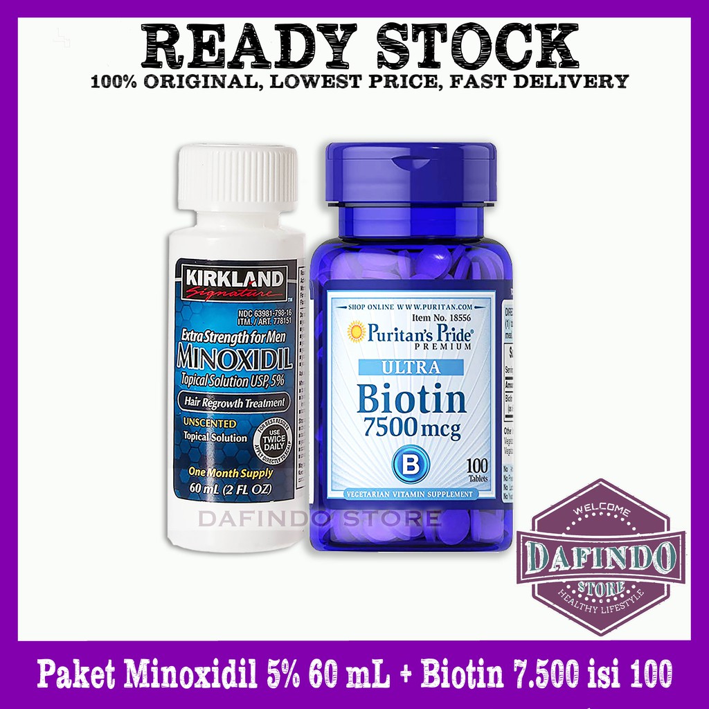 Paket Kirkland Minoxidil 5% 60mL + Puritans Biotin 7500 Mcg isi 100 Tablets