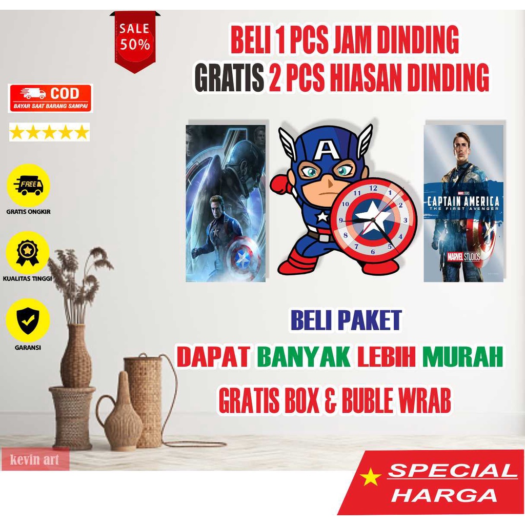 JAM DINDING TEMBOK KARAKTER BESAR UNIK DAN KEREN CAPTAIN AMERICA MARVELL MINIMALIS MEWAH AESTHETIC LUCU HIASAN DINDING 1 SET MURAH POSTER DINDING STIKER DINDING WALL DECOR ARTISTIK KAYU CUSTOM MODERN PROMO PALING LARIS NYALA HIASAN DINDING RUANG TAMU