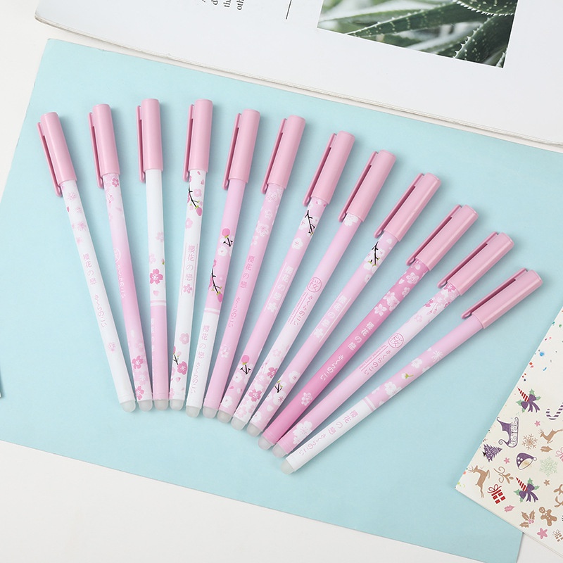 YTJ-5pcs Pink Easy-erasing Gel Pen Sakura Erasable Pen Blue Black Ink Refill for School Office Writing