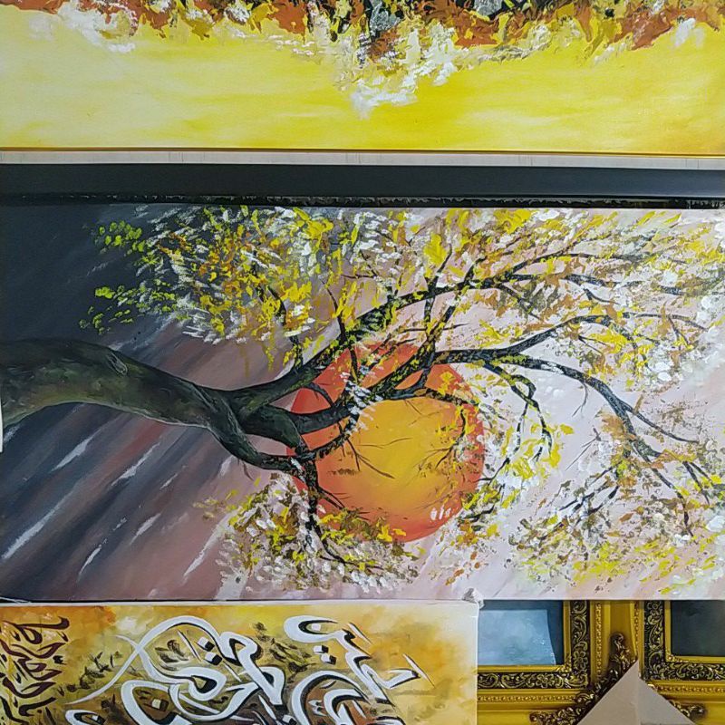 Lukisan abstrak pohon sakura asli kanvas ukuran jumbo