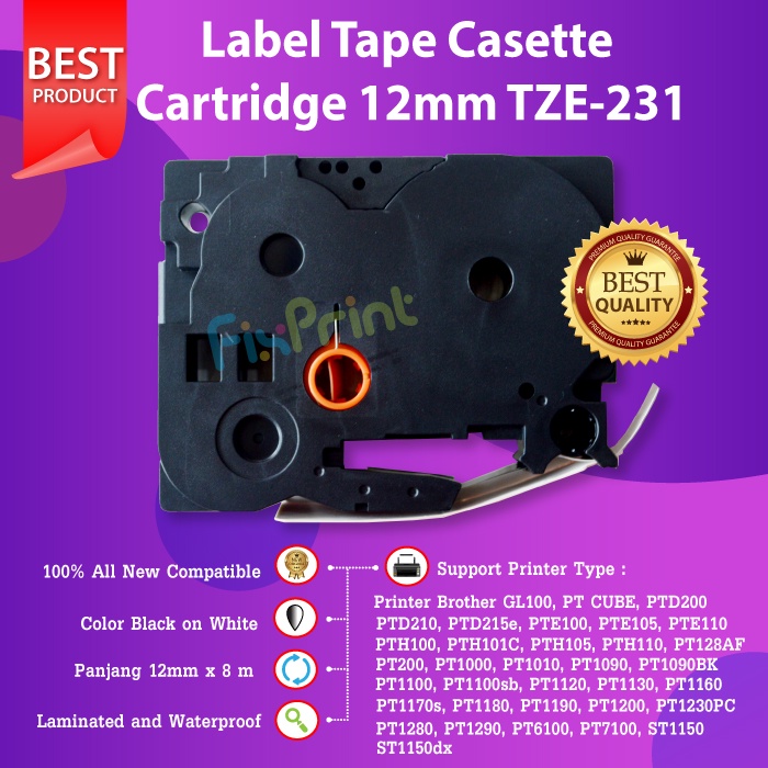 TZE-231 Brothr Label Tape 12MM Black On White TZe231 Printer Casette