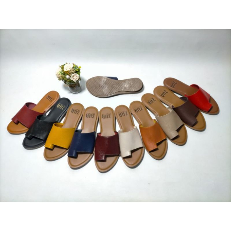 SENDAL TEPLEK MODEL SLOP JARI MERK ZHR BAHAN KULIT ASLI